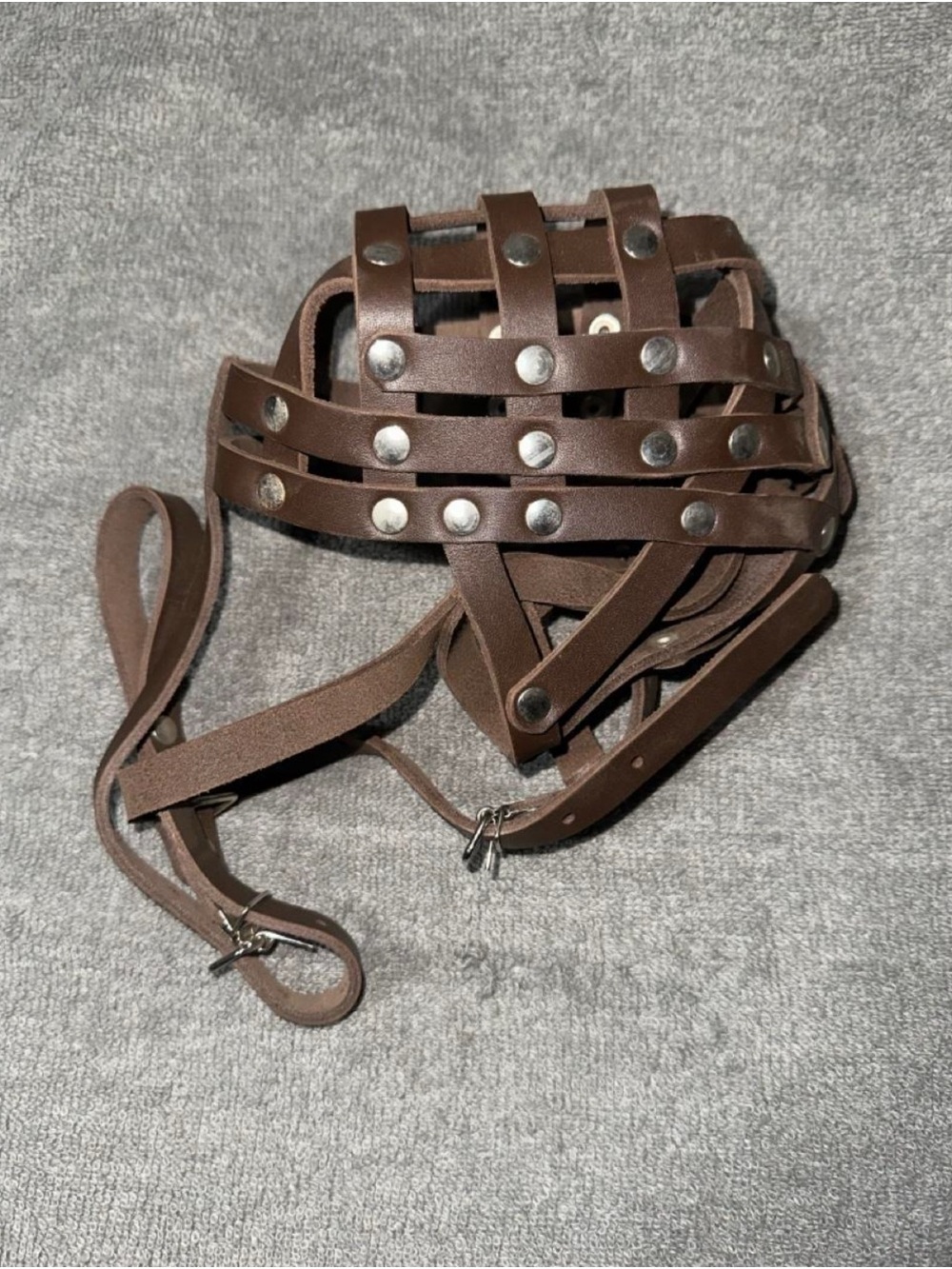 Adjustable Brown Leather Dog Muzzle with Stud Accents
